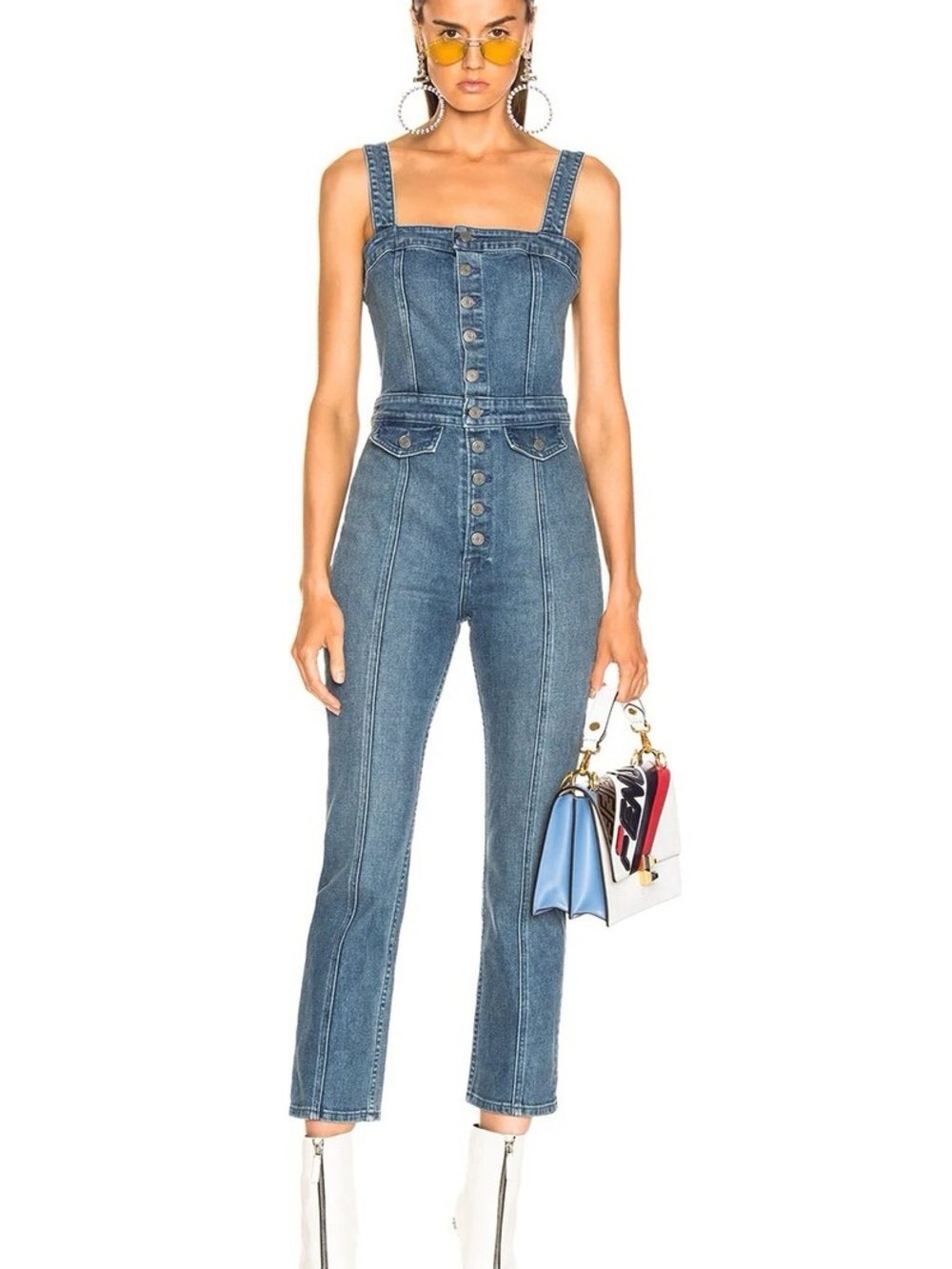 GRLFRND Black Denim Button-Front Strap Jumpsuit